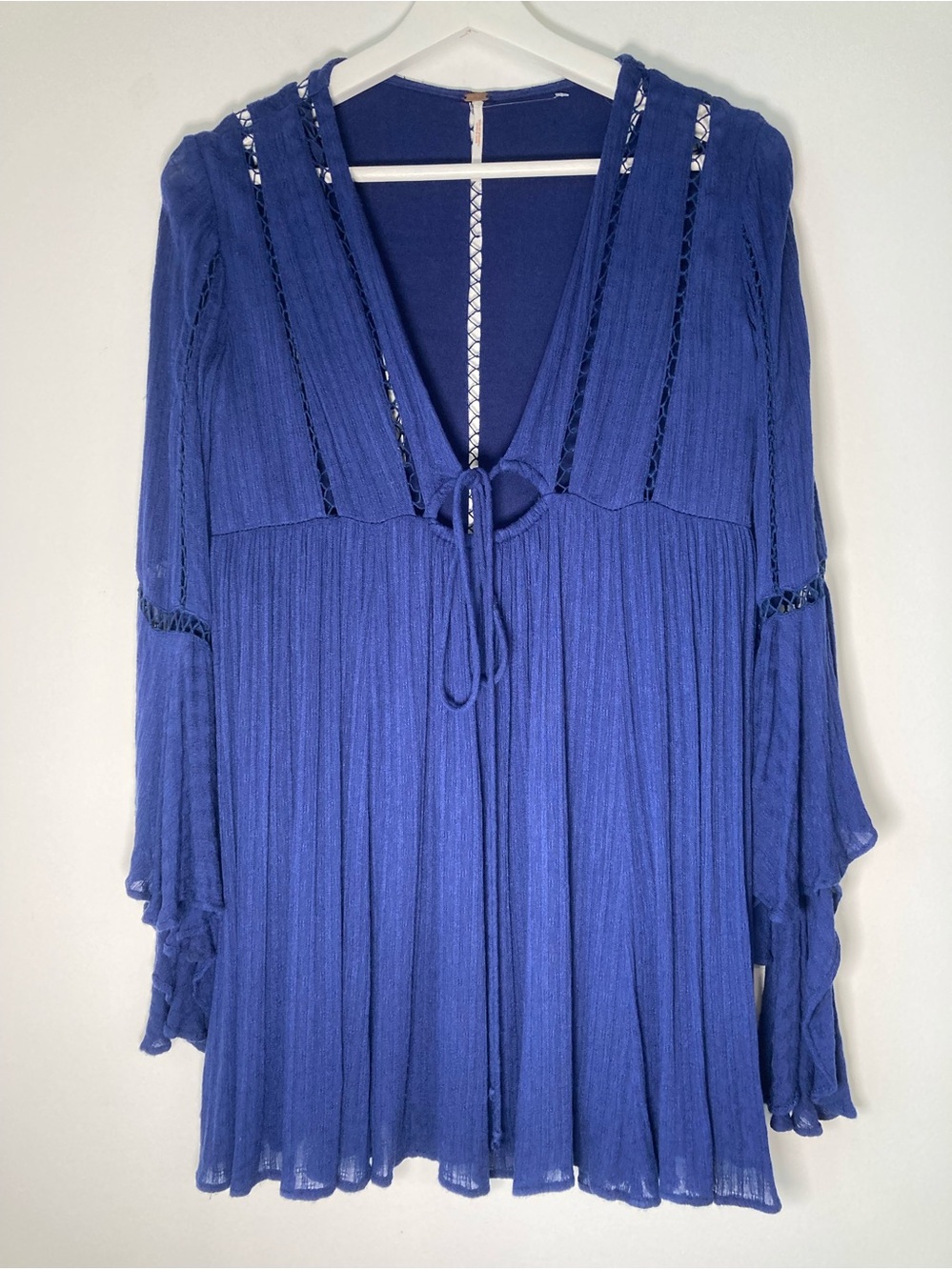 Free People Romeo Mini Dress Blue Boho Bell Sleeve Lace Inset Size XS